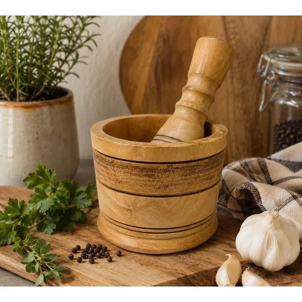Vintage Wooden Mortar and Pestle Hand Turned Hardwood Kitchen Herb Spice Grinder